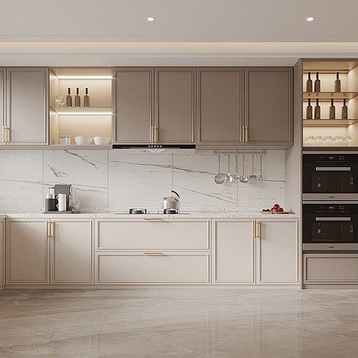 a kitchen with marble floors and white walls