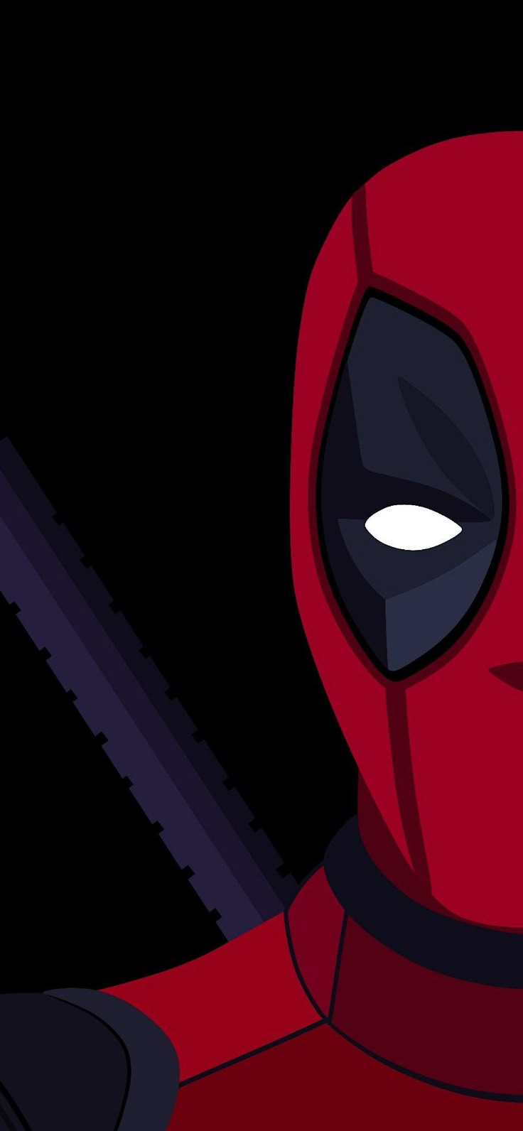 a deadpool character with a knife in his hand and eyes wide open, looking at the camera