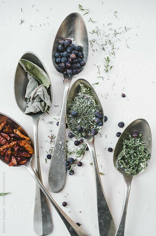 spoons filled with different types of herbs