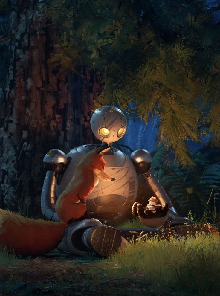 a cartoon character sitting in the grass next to a tree with glowing eyes on his face