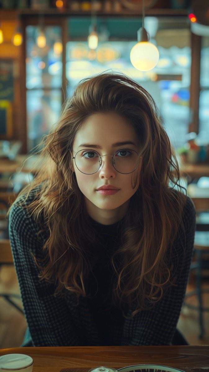 a woman wearing glasses sitting at a table