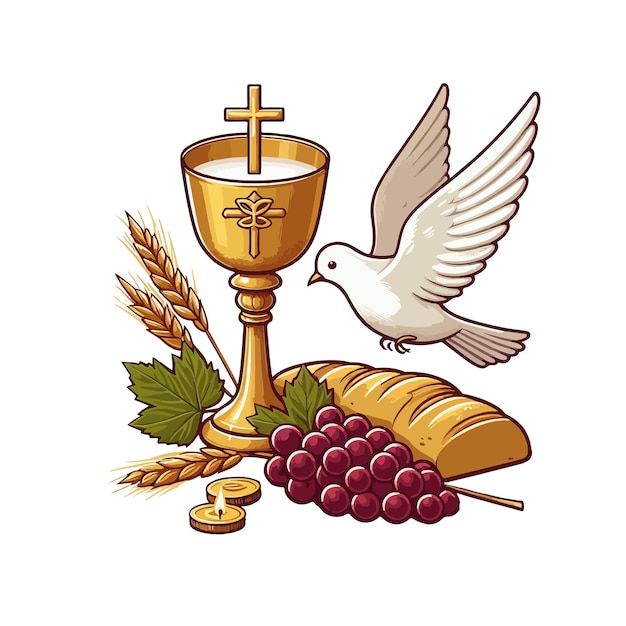 a white dove flying over bread and grapes with a chalice on the table next to it