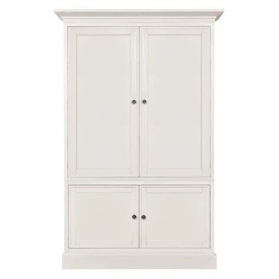 a white cabinet with three doors and two drawers on the bottom, against a white background