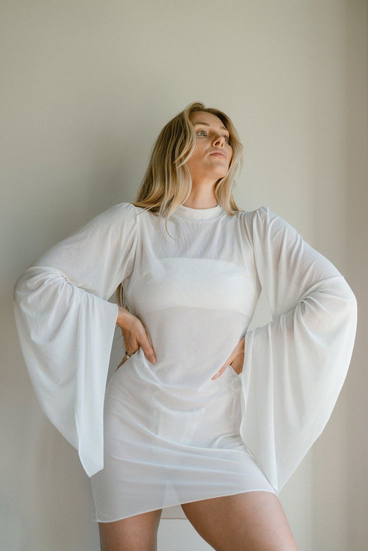 The Airy Mesh Dress - Flat White – Londre Bodywear Resort Wear Dresses, Dress With Bell Sleeves, Summer Soft, Mesh Mini Dress, Dress Flats, Flat White, White Flats, Bell Sleeve Dress, Recycle Plastic Bottles