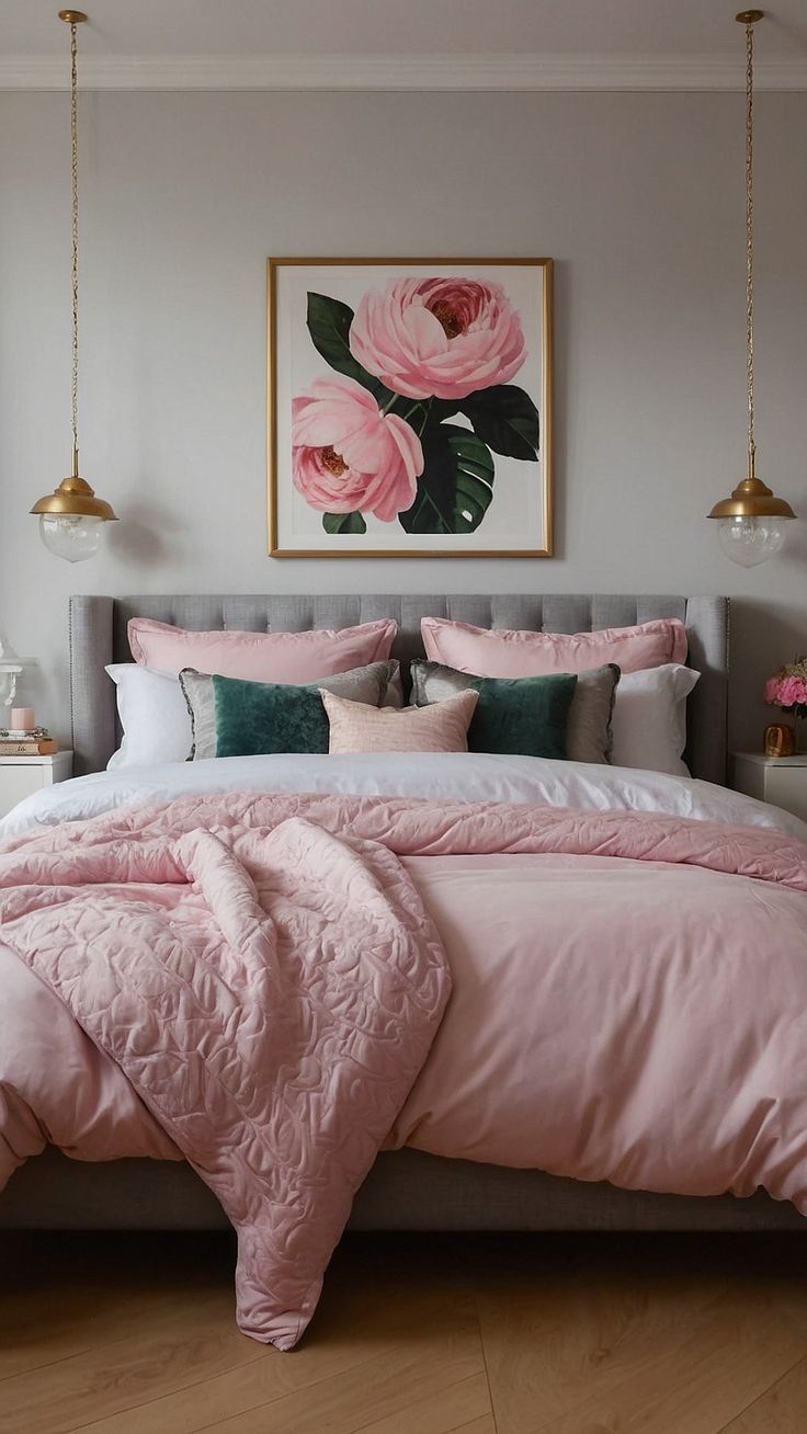 a bed with pink comforter and pillows in a bedroom next to a painting on the wall