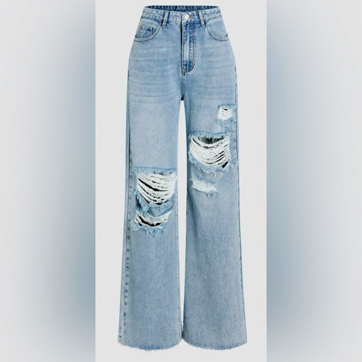 High Waisted Ripped Stretch Jeans. Wide Leg. Unfinished Hem. Very Comfortable. New. Never Worn. Gifts For Christmas For Teens, Really Ripped Jeans, Wide Leg Jeans Ripped, Macys Outfits, Wide Leg Ripped Jeans, Ripped Wide Leg Jeans, Preppy Pants, Cute Bottoms, Ripped Jeans Outfit