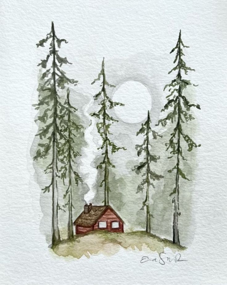 Folklore Watercolor Painting, Mountain Scene Watercolor, Simple Nature Watercolor, Camping Watercolor Painting, Watercolor Inspo Aesthetic, Watercolor Landscape Art, Mini Christmas Watercolor Paintings, Creative Watercolor Paintings Ideas, Fun Watercolor Paintings