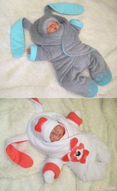 two pictures of a baby in a costume laying on a bed and the same one with an elephant's tail