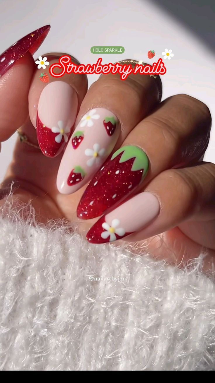 Jelly Strawberry Nails, Strawberry Nail Art Design, Strawberry Design Nails, Acrylic Nails Strawberry, Strawberry Jelly Nails, Strawberry Nail Ideas, Gel Nails Strawberry, Nails Jelly Polish, Strawberry Gel Nails