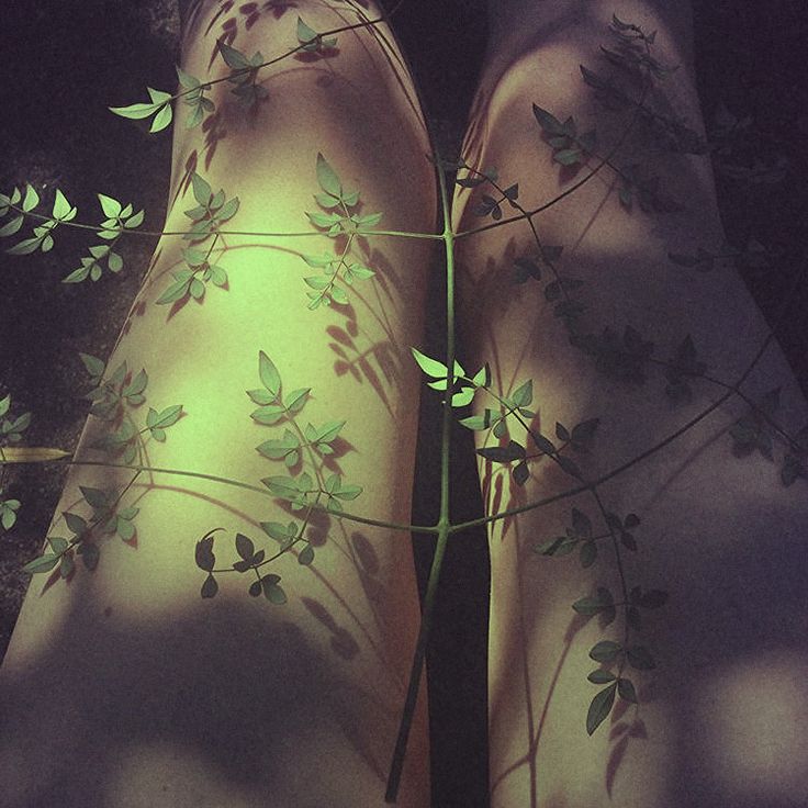 the legs of a woman with green leaves on them