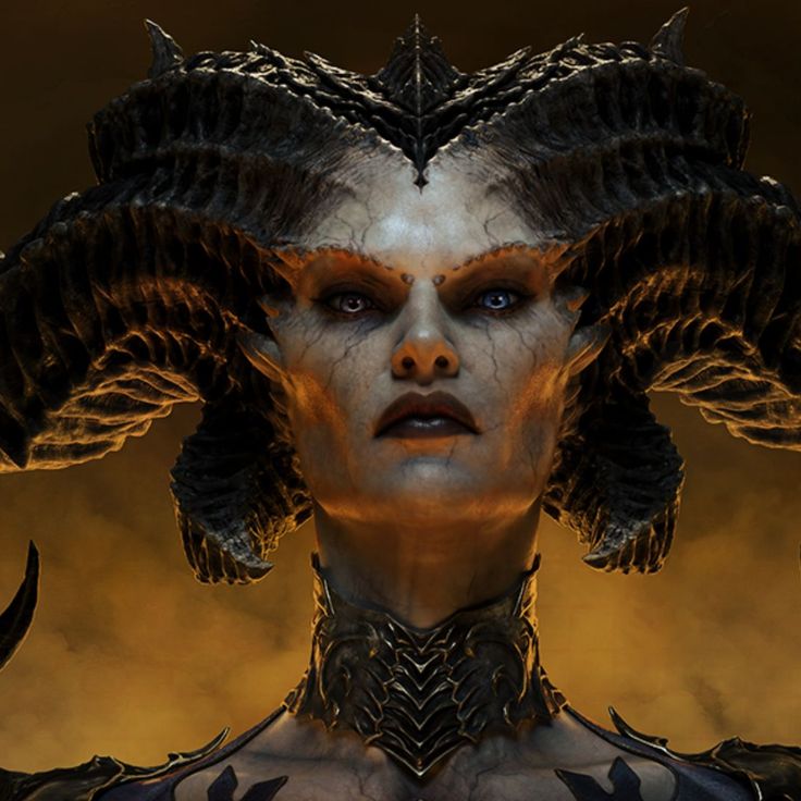 an image of a woman with horns on her head and wings around her neck, staring at the camera