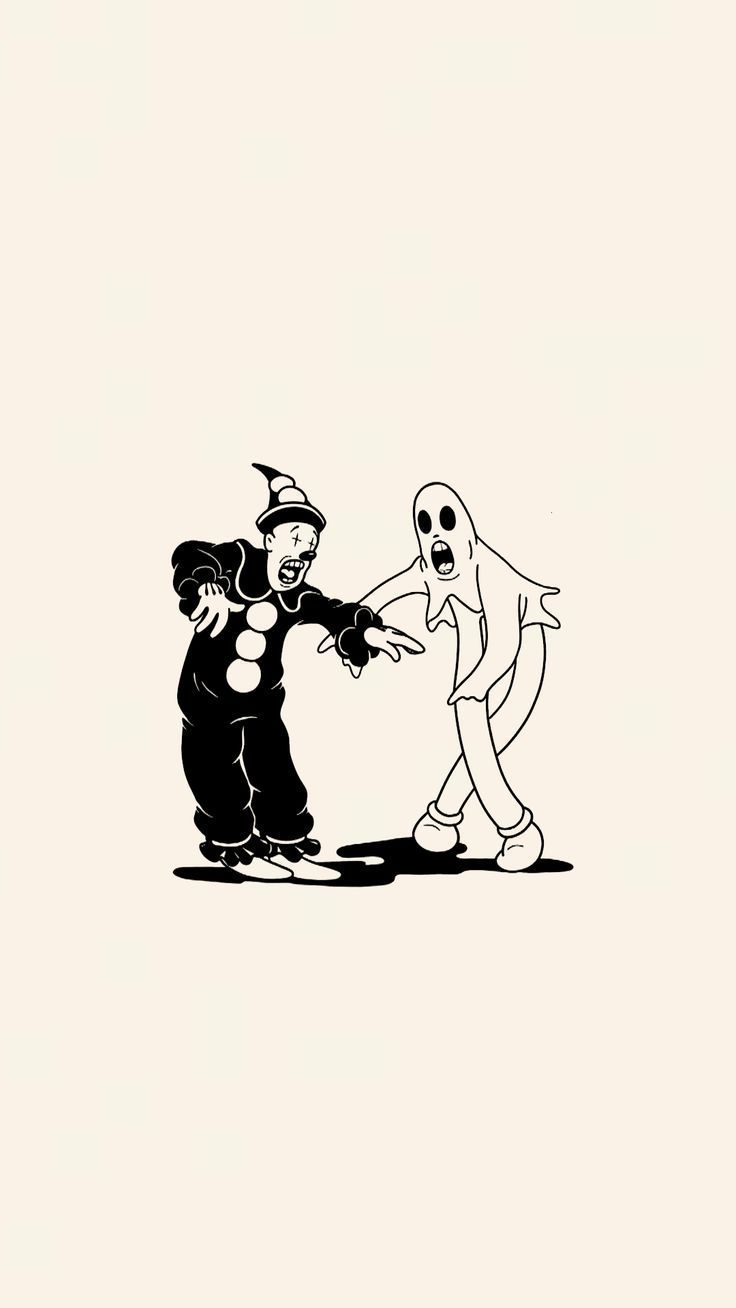 an image of two people dressed up as ghost and man in black and white on a beige background