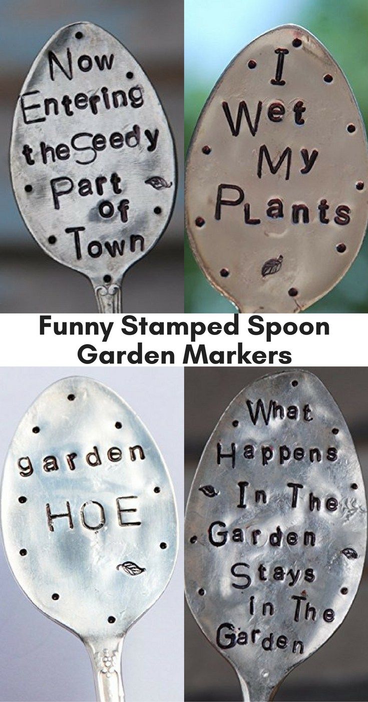 four spoons with different words on them and one has a garden marker in the middle