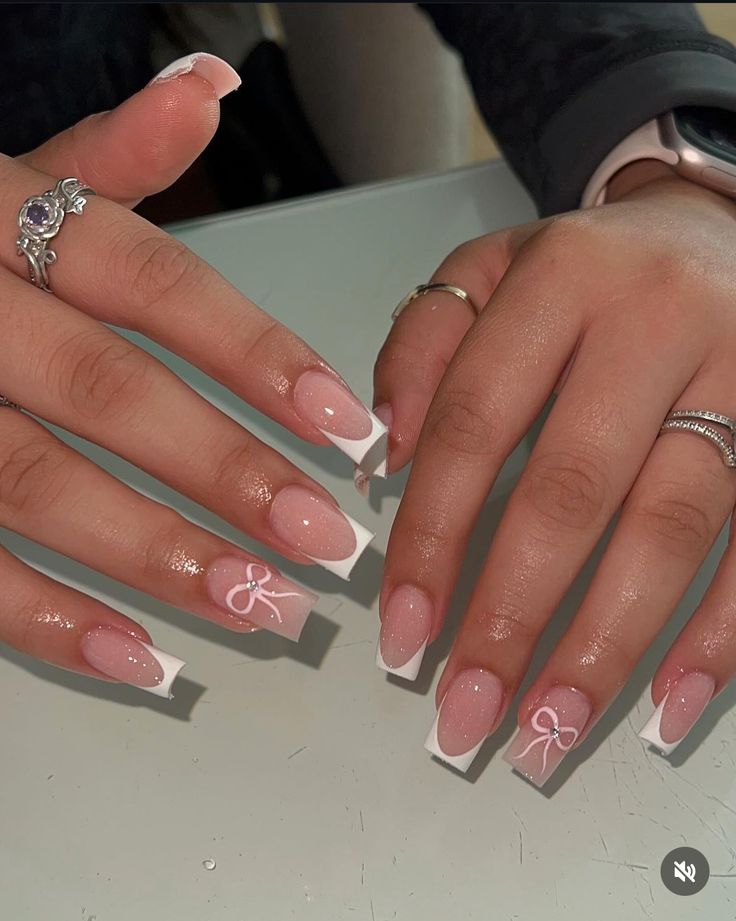 Acrylic Nail Birthday Set, Pink N White French Nails, Cute Pink French Tips, Pink French Tips With Design, French Tip Nails With Butterflies, French Nails Design 2024, Acrylic Nail Designs Birthday, Pink Nails With White French Tip, Gel X Nails French Tip