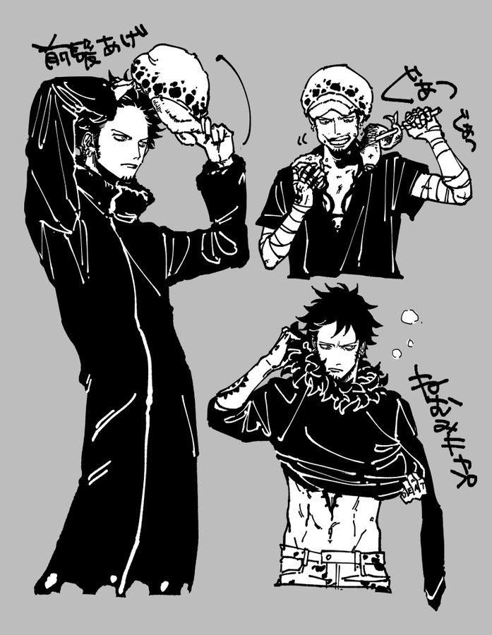 some black and white drawings of two men with different hair styles, one is holding a knife