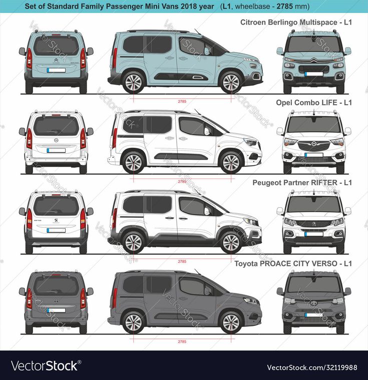 the different types of minivans in various sizes and colors, with descriptions on each side