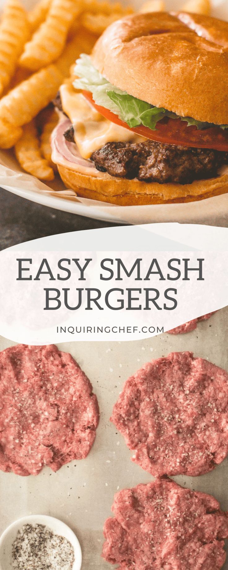 hamburgers and french fries with the words easy smash burgers on it in front of them