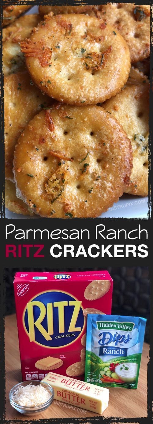 some food that is on top of a wooden table and in front of the words, parmesan ranch ritz crackers