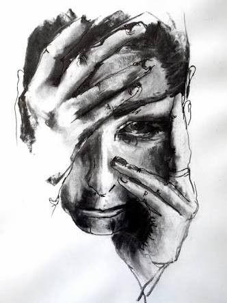 a black and white drawing of a man's face with hands covering his eyes