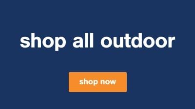 an orange and white sign that says shop all outdoor on the side of a dark blue background