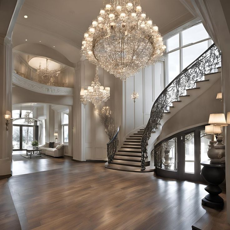 a large foyer with chandelier and stairs leading up to the second floor area