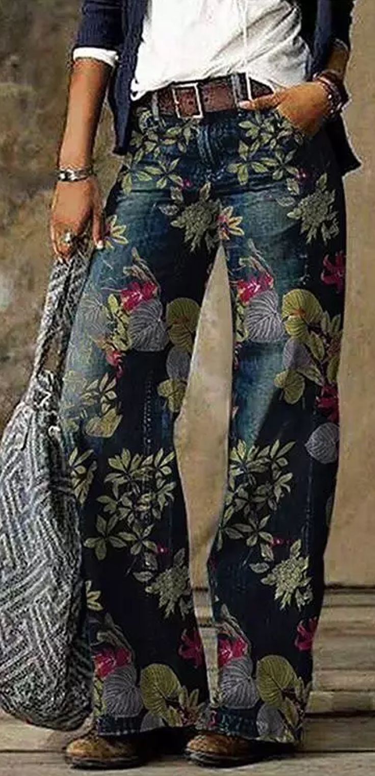 Blue Casual Vintage Floral Printed Pants Vintage Floral Pants, Floral Print Pants, Two Piece Swimwear, Skirt Maxi, Mode Casual, Boot Cut Denim, Floral Pants, Estilo Boho, Mode Vintage