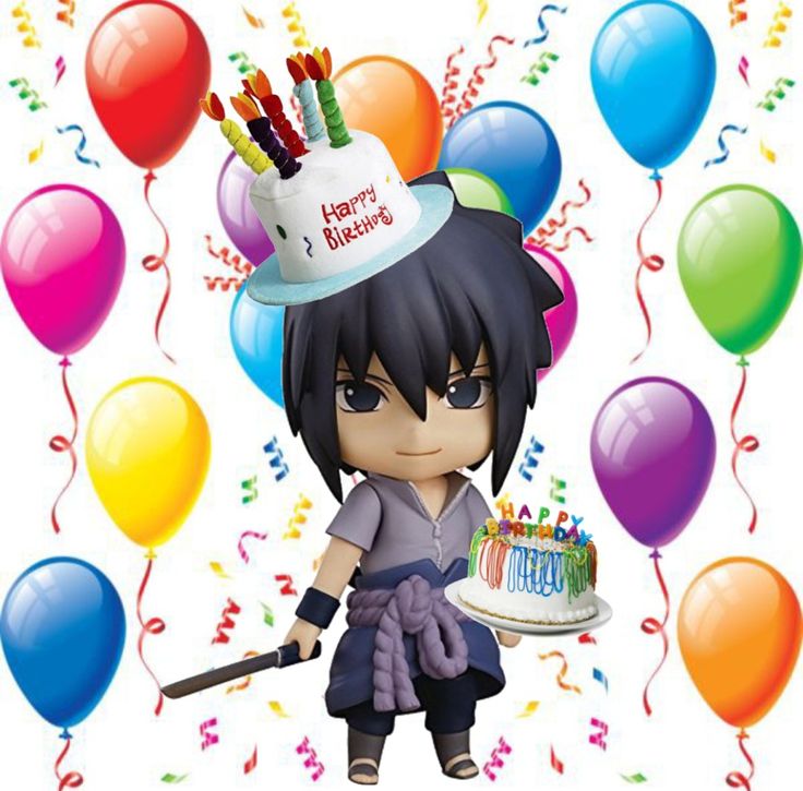 an anime character holding a birthday cake with balloons in the background