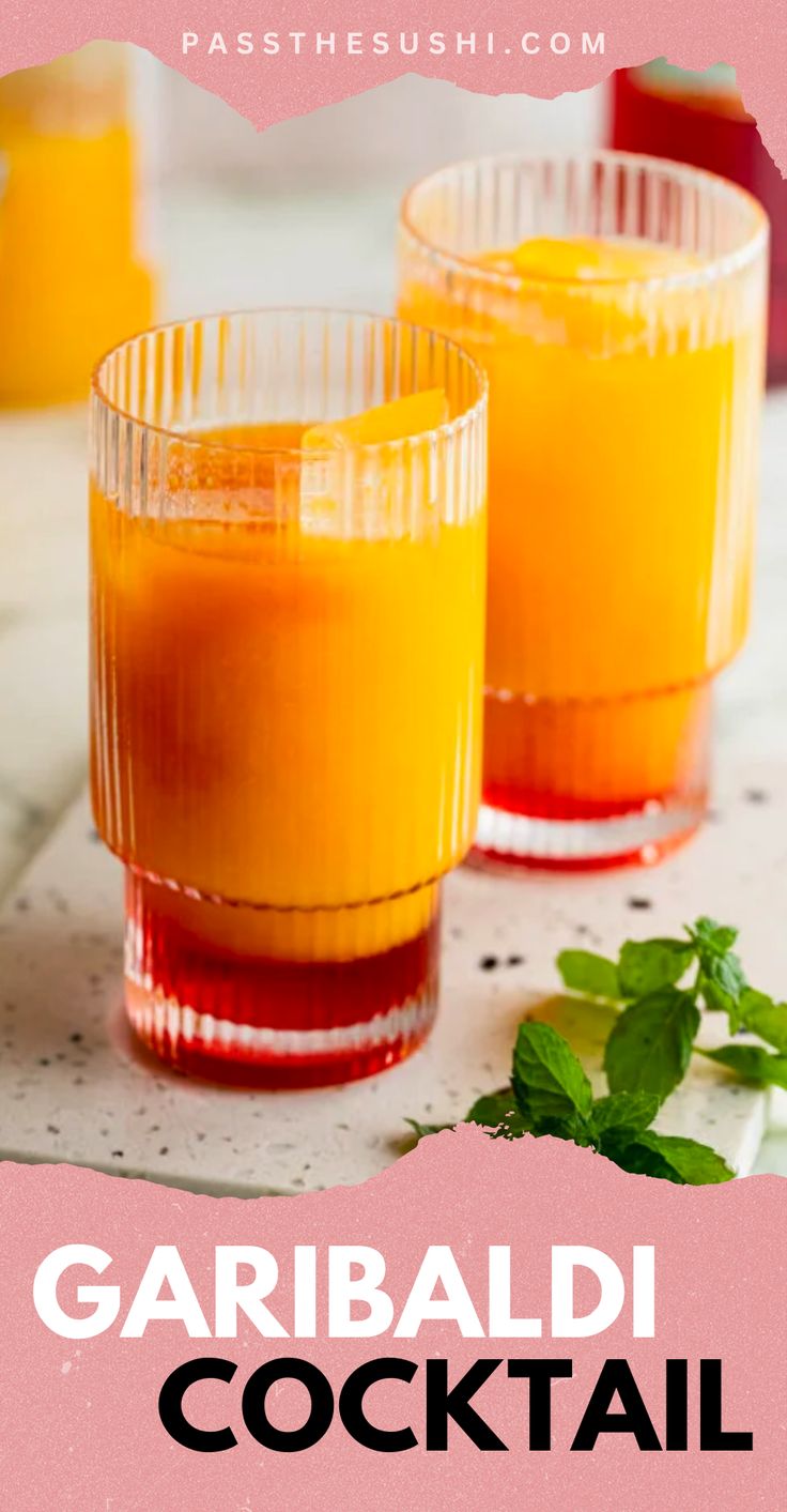 two glasses filled with garbaldi cocktail sitting on top of a white table