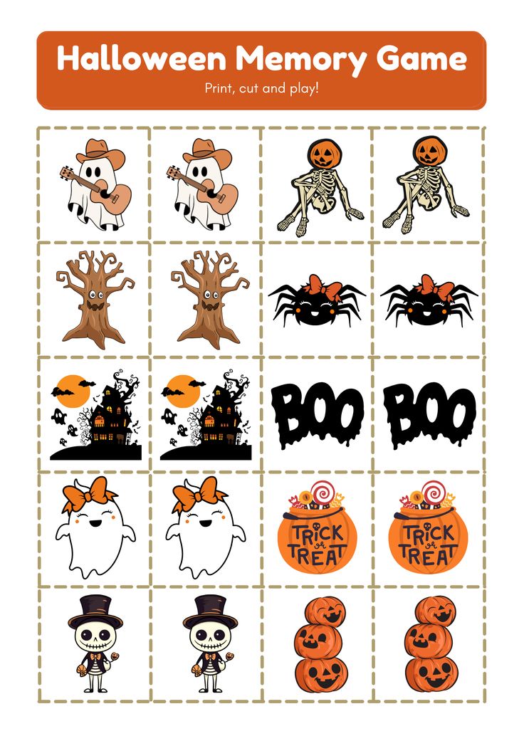 Playing memory games with kids is a great way to help them develop their cognitive and memory skills. Not only is it fun, but it also challenges their brains and helps improve concentration and focus. What Is Halloween For Kids, Halloween Game Activities, Halloween Makerspace Ideas, Quick Halloween Activities For Kids, Halloween Party For Kids Games, Halloween Memory Game Printable, Halloween Party Games For Kids Diy, Halloween Cognitive Activities, Halloween Paper Games