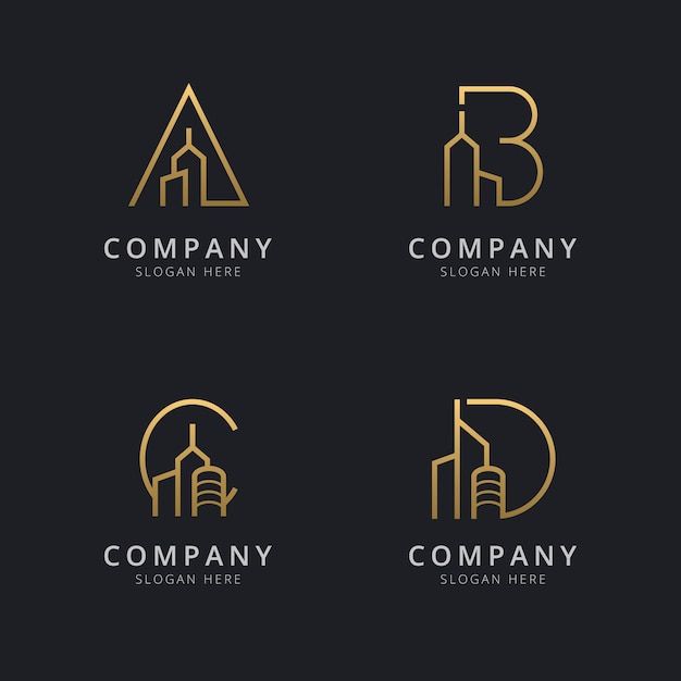 four logos with the letter b and buildings in gold color on black background, suitable for business