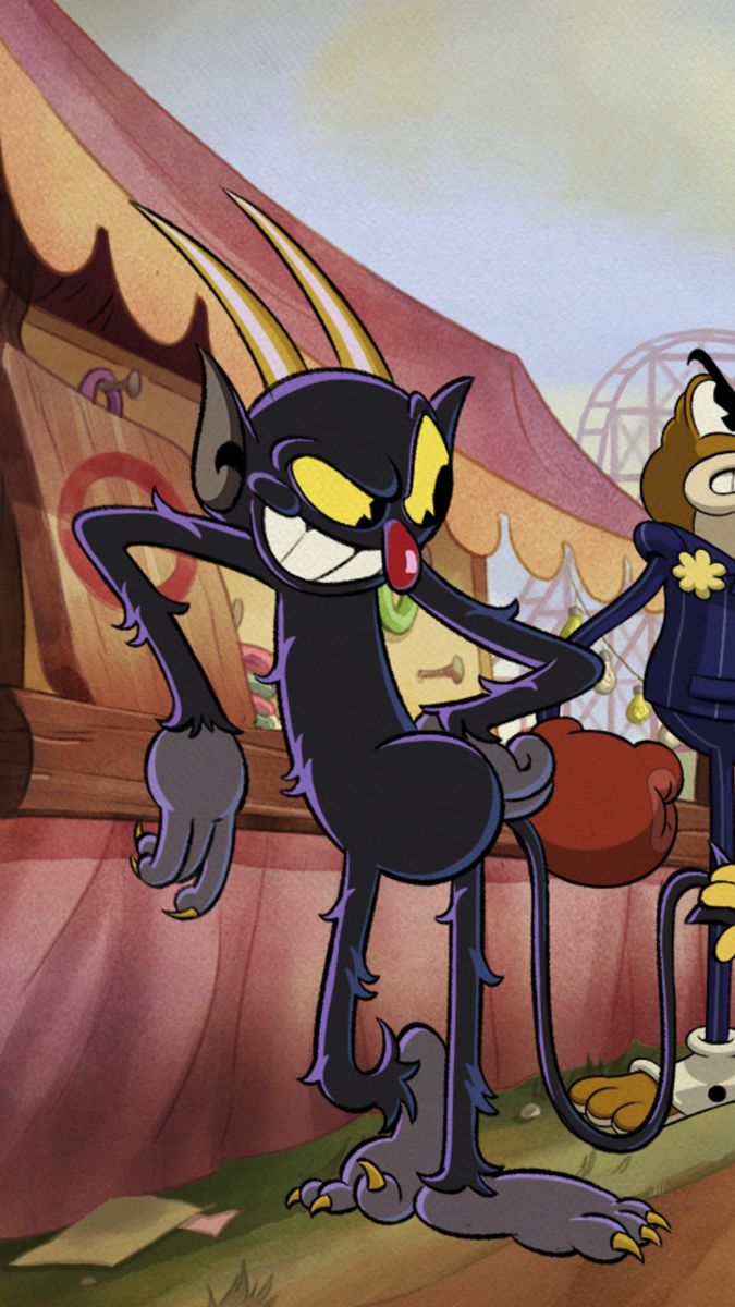 an animated image of two cartoon characters standing next to each other in front of a carnival