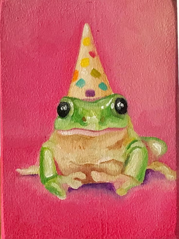 a painting of a frog wearing a party hat