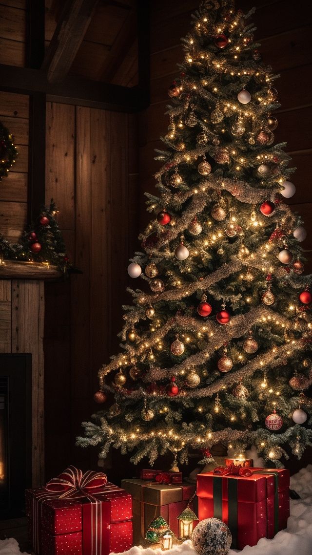 a lit christmas tree with presents under it in the snow next to a fire place