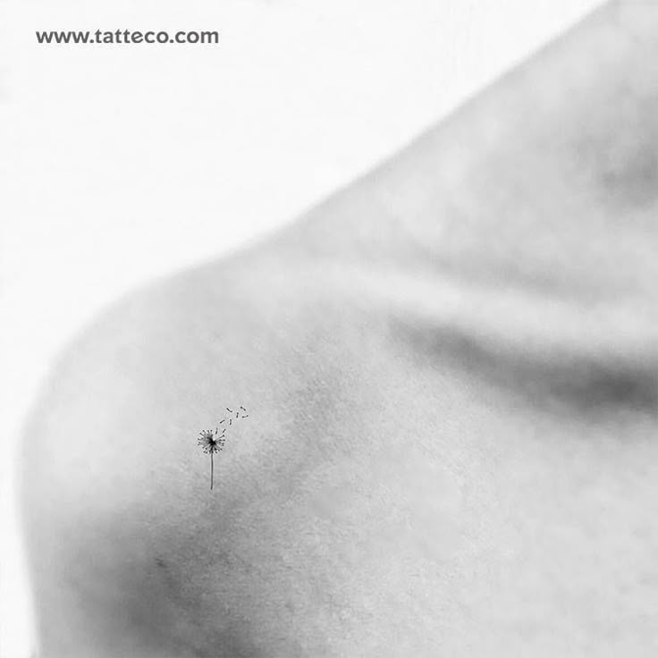 a black and white photo of a woman's breast with a dandelion tattoo