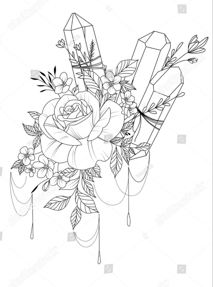 a bouquet of flowers and crystals on a white background with the word love written in black ink