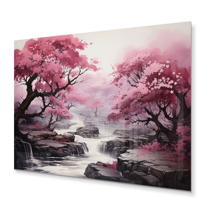 a painting with pink flowers on the water and rocks in the foreground is a waterfall