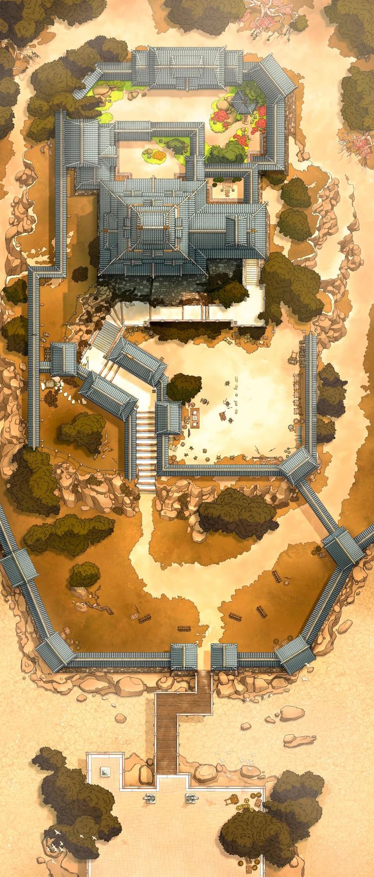 an aerial view of a building in the middle of a desert with trees and bushes