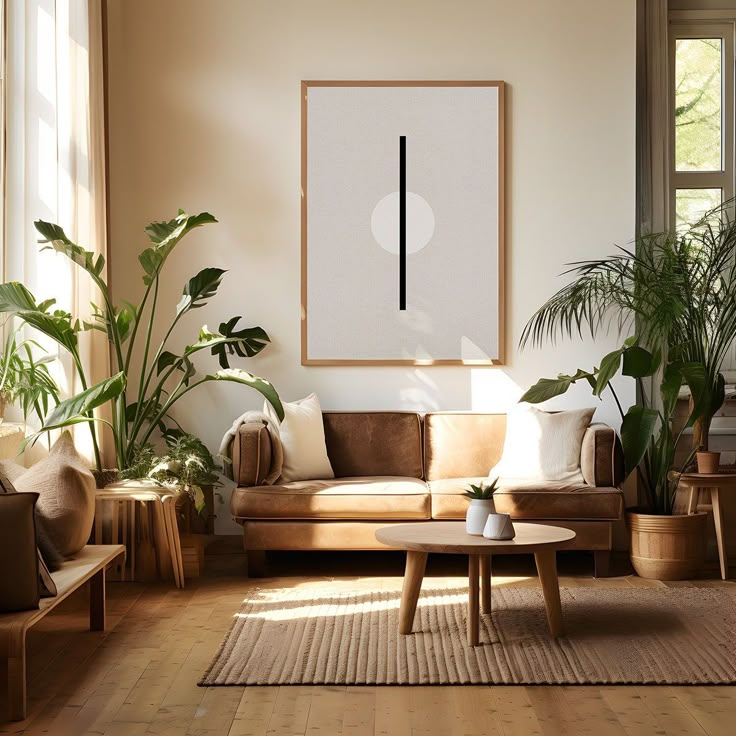 a living room filled with furniture and potted plants