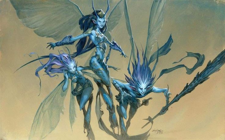 a painting of two blue fairy women with wings