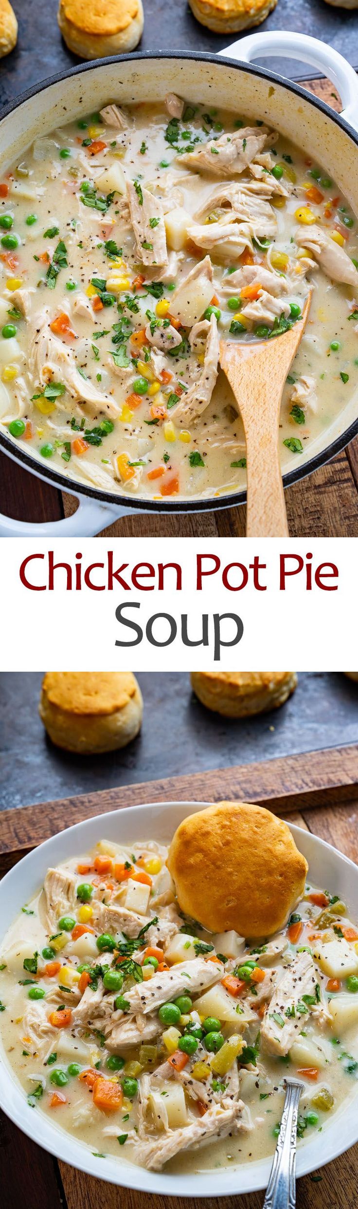 chicken pot pie soup in a white bowl with a wooden spoon