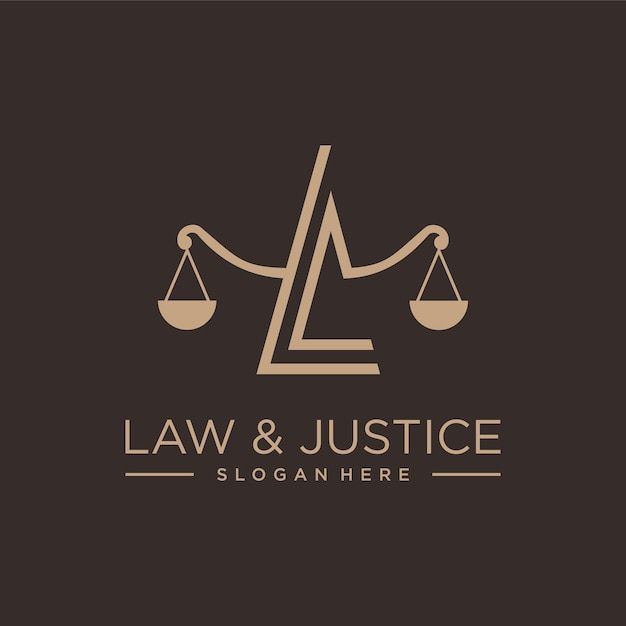 law and justice logo design with scales on each side, in the middle of a brown background