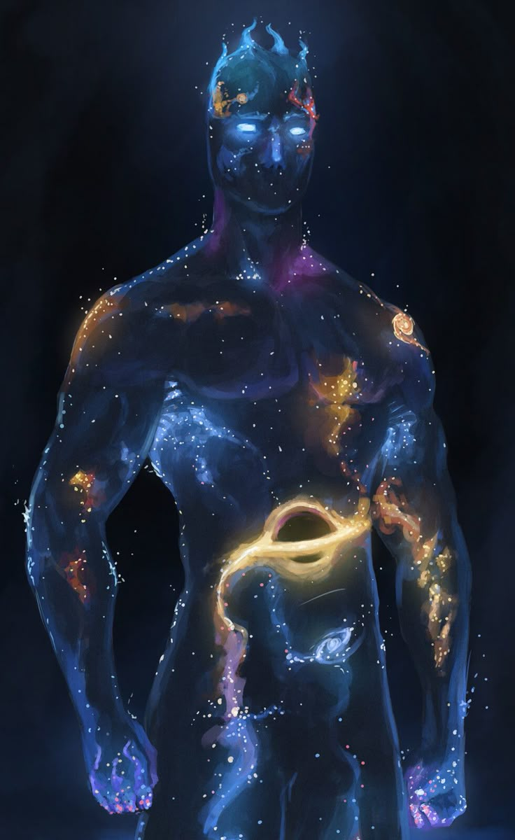 a digital painting of a man's torso and body in blue, yellow and pink colors