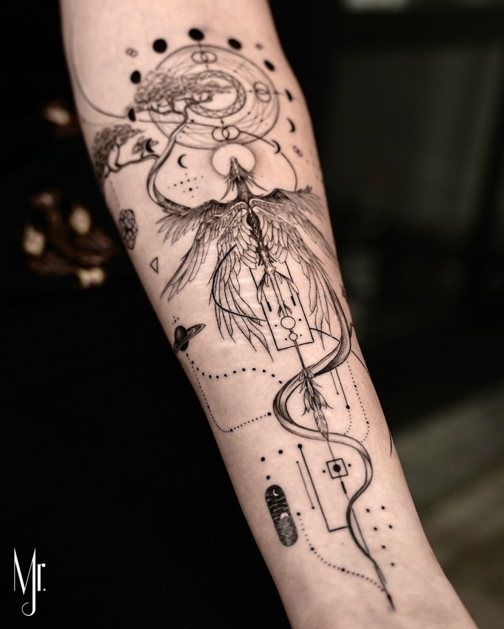 a woman's arm with a tattoo on it and an arrow in the middle