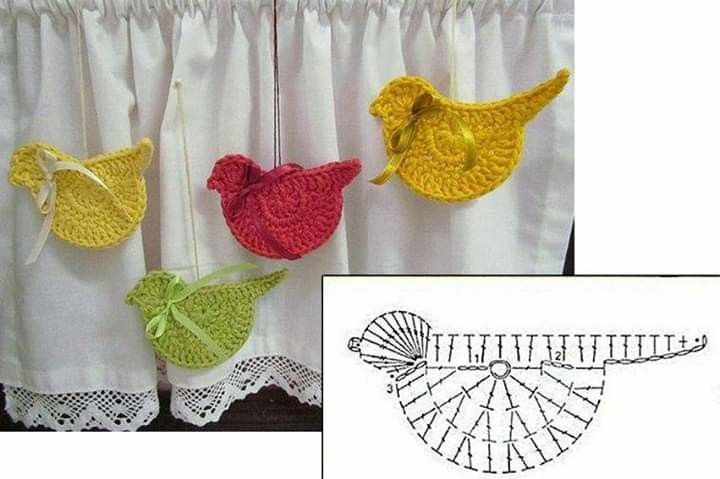 three crocheted birds hanging from the side of a window sill next to a curtain