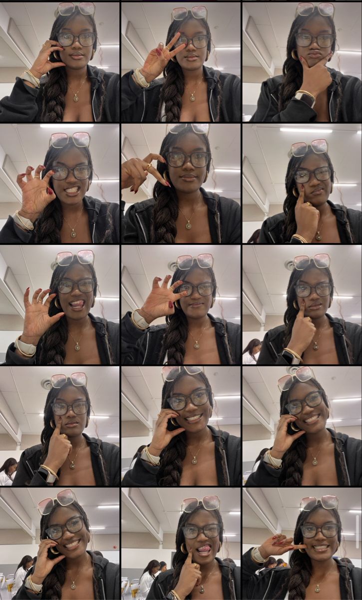 many pictures of a woman with glasses talking on her cell phone