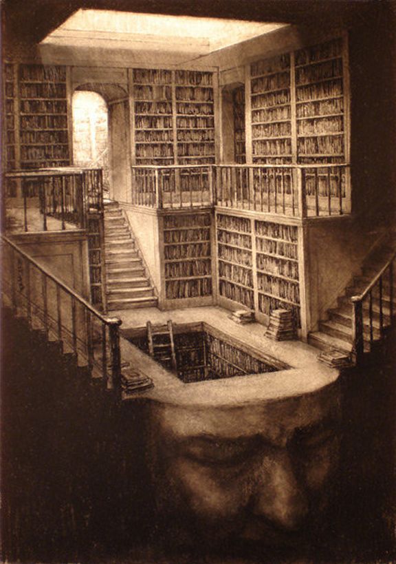 an old photo of a library with stairs and bookshelves