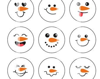 the snowman faces are drawn in different shapes and sizes, including one with an orange nose