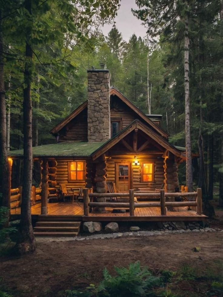 a log cabin in the woods lit up at night with porch and steps leading to it