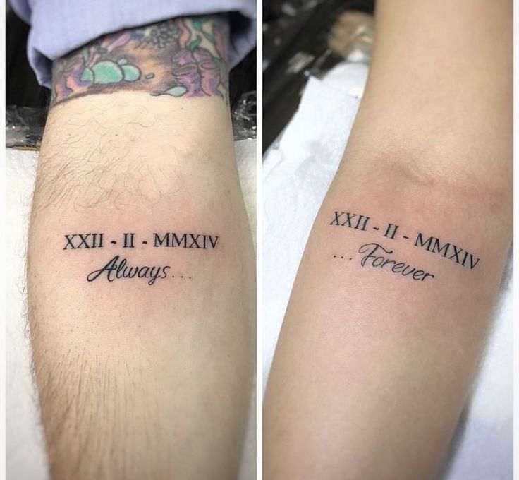 two tattoos with words on their arms that read xxii - 11 mmn always