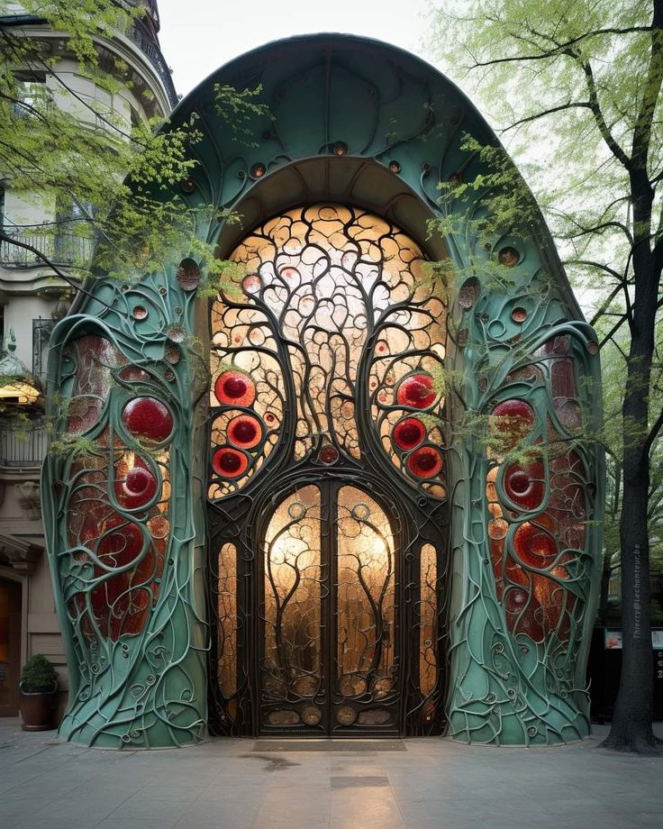 the entrance to an art nouveau building with stained glass doors and trees on either side